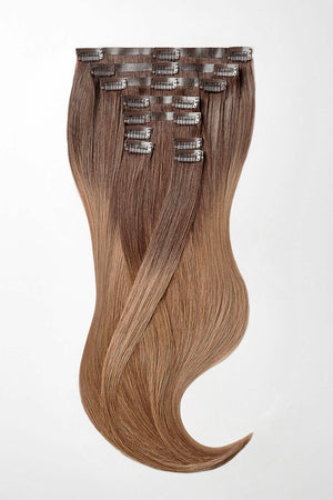 Nahtlose Clip Extensions - luxury Qualität - 120 Gramm 9-teilig - 55cm T6/27 ombré schokobraun & mittelgoldblond variant detail image - cf7a836e79a43f1338e23a00ab67dd7755fb6b0a1f061fc0fb9418d9c252ae61
