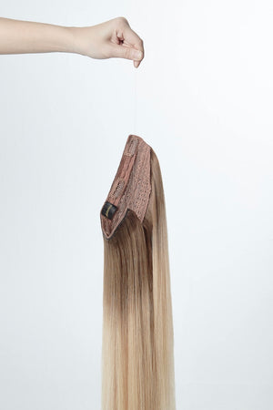 Flip in Extensions - one piece - luxury Qualität T18/24 ombré mittelblond & superhellaschblond variant detail image - e980e34b8e9815fcdf8c92b51e8b749621116a97c22c943489860daf6ecfefa6